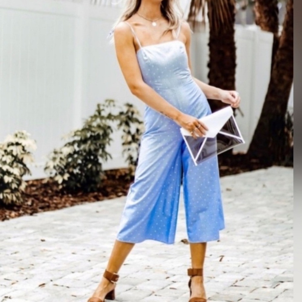 Amanda Uprichard Blue White Striped Gold Metallic Jumpsuit Wide Leg Medium